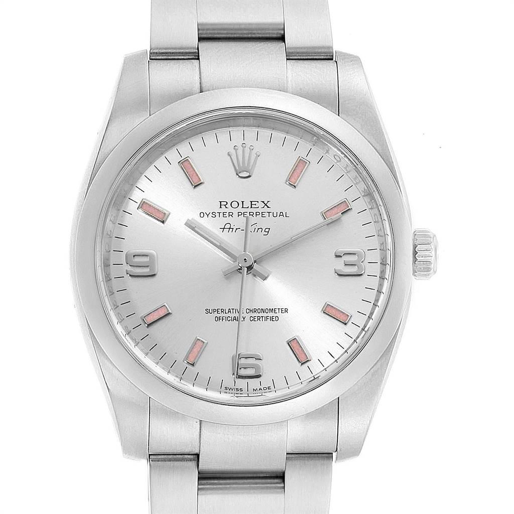 Rolex Air King Silver Dial Pink Baton Markers Unisex Watch 114200. Officially certified chronometer self-winding movement. Stainless steel case 34.0 mm in diameter. Rolex logo on a crown. Stainless steel smooth domed bezel. Scratch resistant