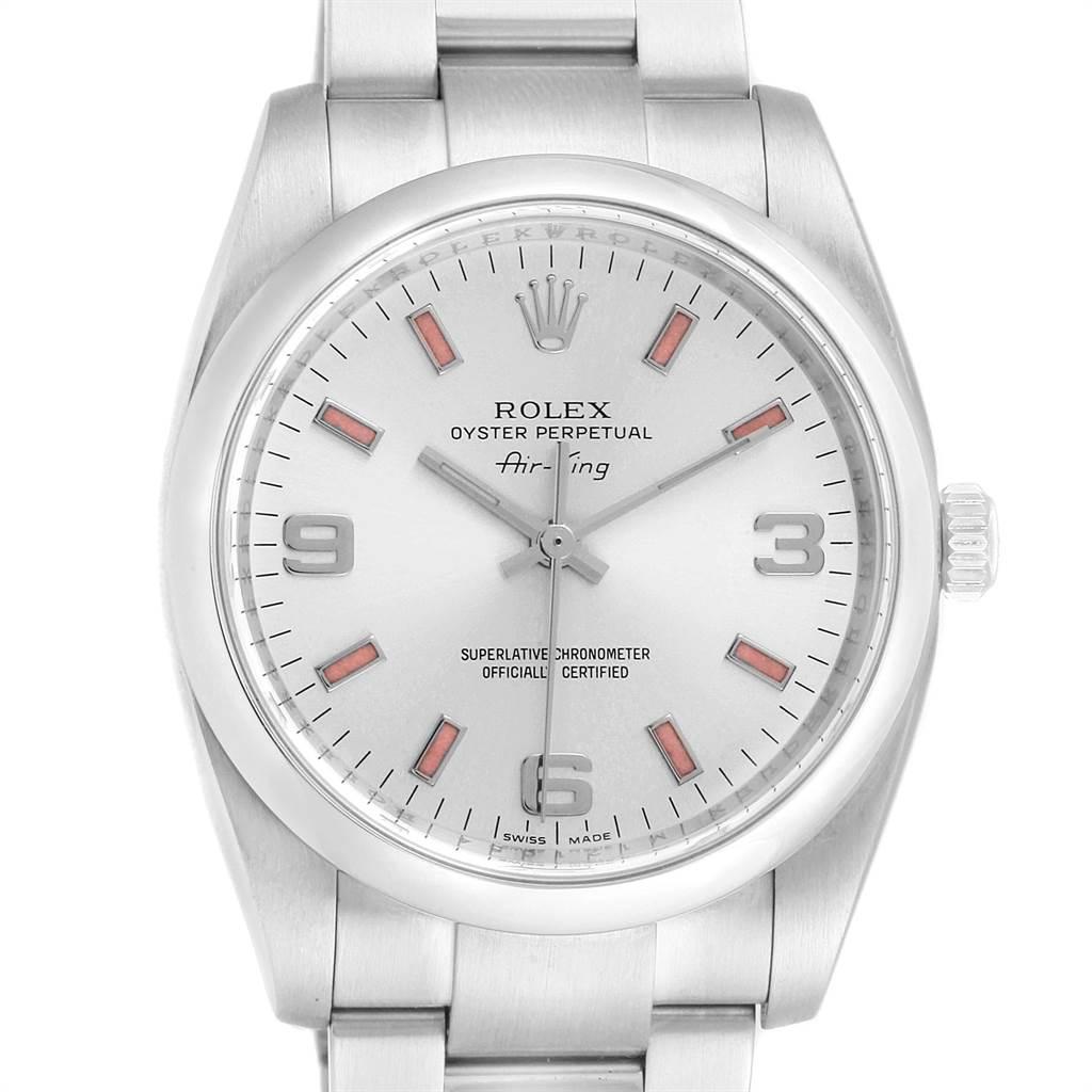 Rolex Air King Silver Dial Pink Index Hour Markers Steel Watch 114200. Officially certified chronometer self-winding movement. Stainless steel case 34.0 mm in diameter. Rolex logo on a crown. Stainless steel smooth domed bezel. Scratch resistant