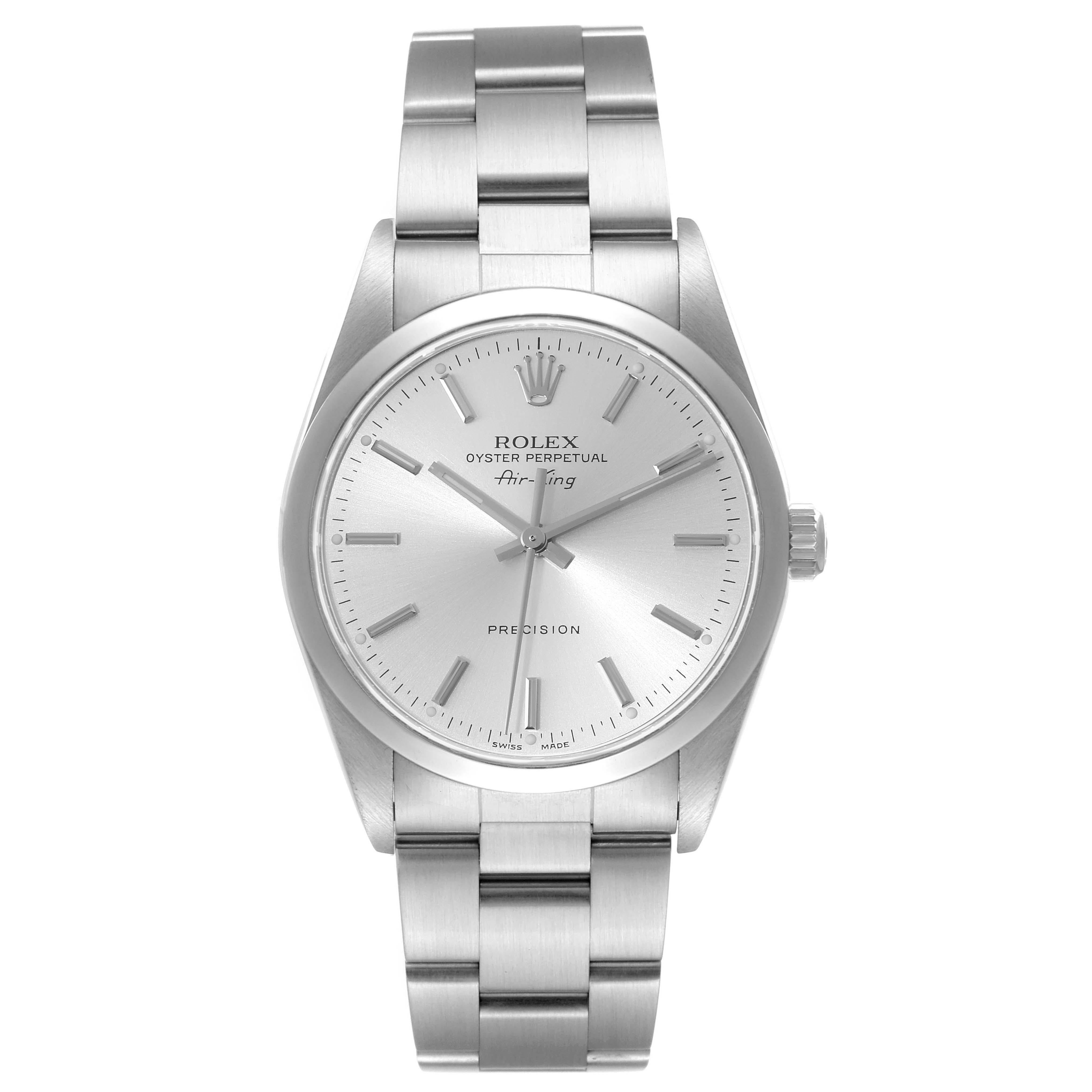 Rolex Air King Silver Dial Smooth Bezel Steel Mens Watch 14000 Box Papers. Automatic self-winding movement. Stainless steel case 34 mm in diameter. Rolex logo on the crown. Stainless steel smooth bezel. Scratch resistant sapphire crystal. Silver