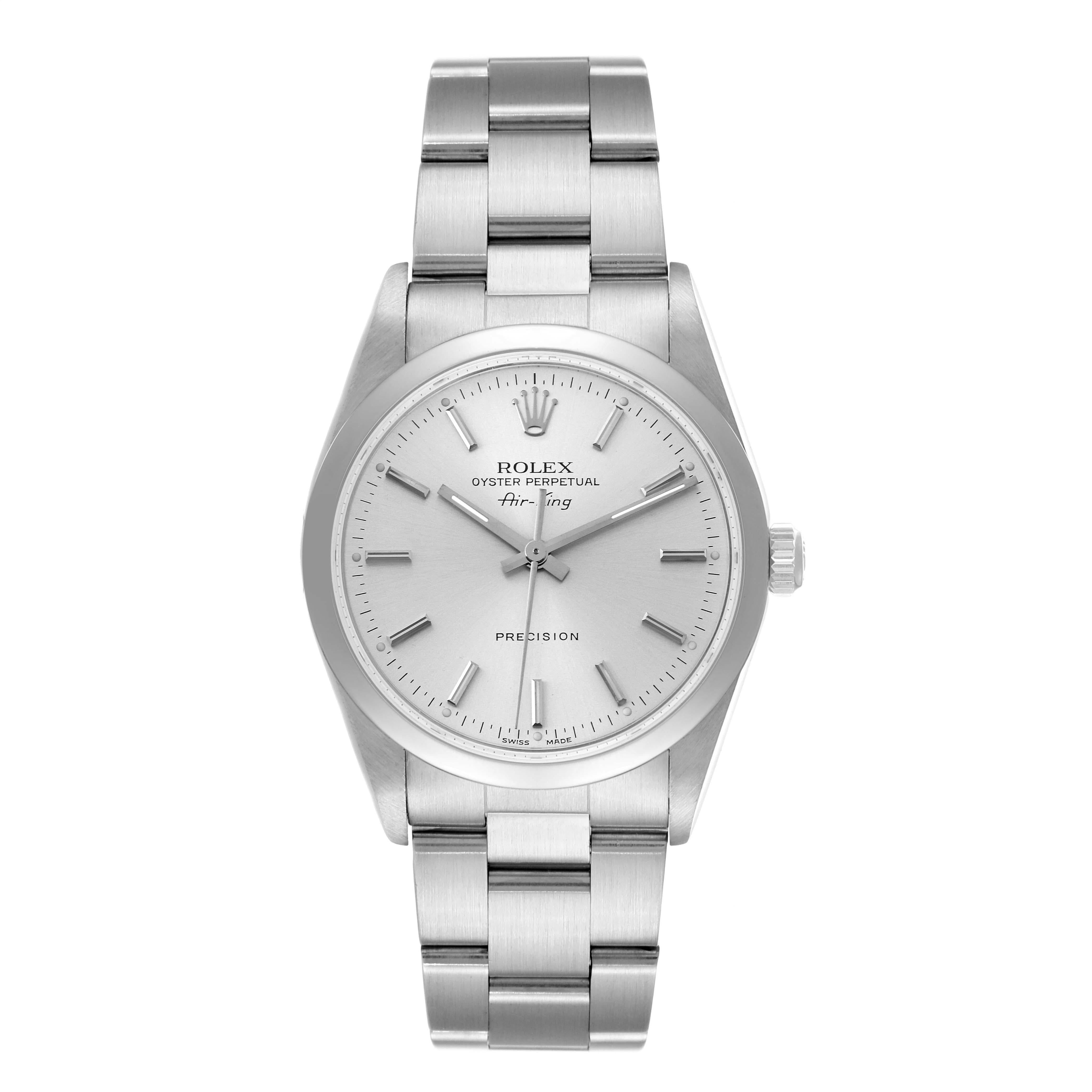 Rolex Air King Silver Dial Smooth Bezel Steel Mens Watch 14000. Automatic self-winding movement. Stainless steel case 34 mm in diameter. Rolex logo on the crown. Stainless steel smooth bezel. Scratch resistant sapphire crystal. Silver dial with