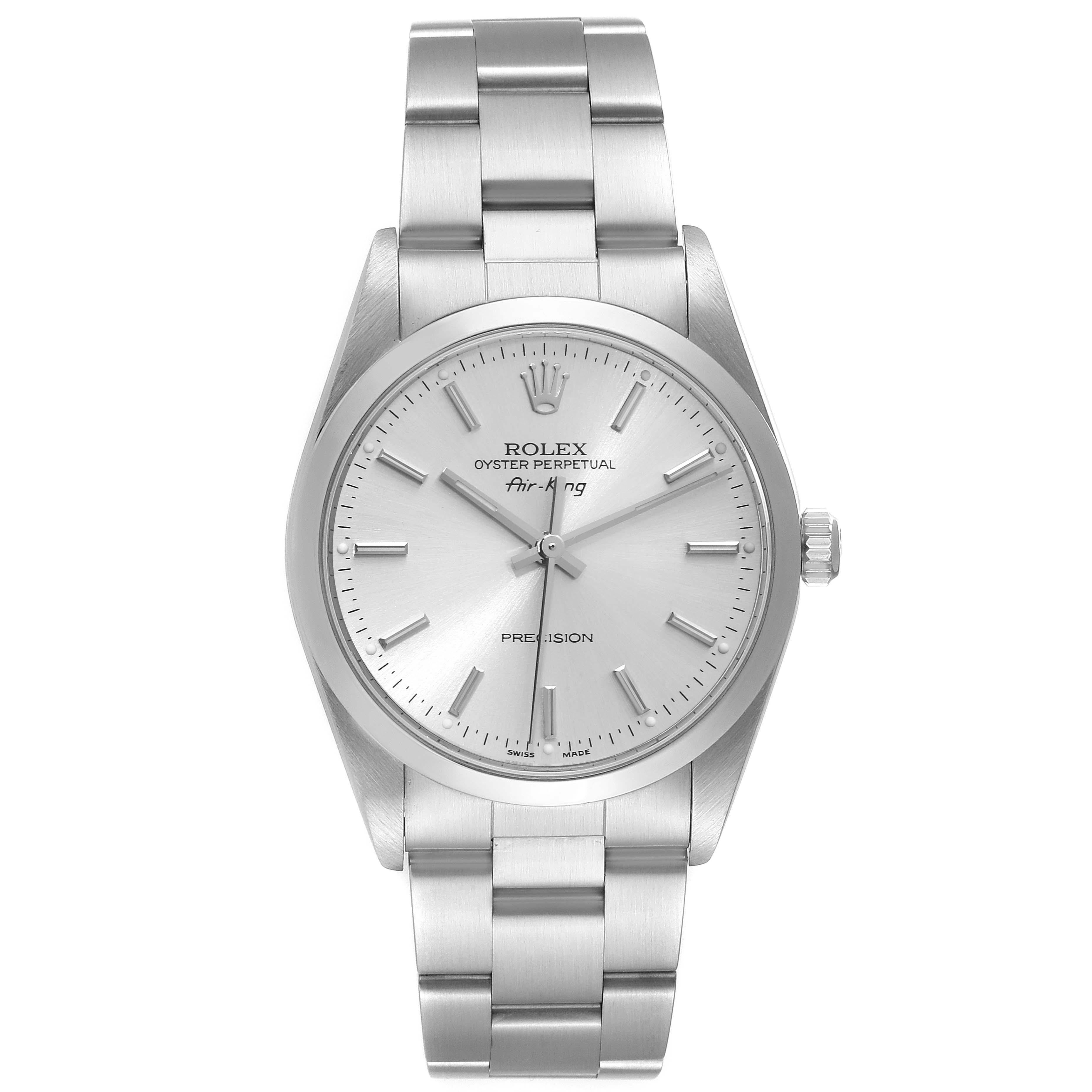 Rolex Air King Silver Dial Smooth Bezel Steel Mens Watch 14000. Automatic self-winding movement. Stainless steel case 34 mm in diameter. Rolex logo on the crown. Stainless steel smooth bezel. Scratch resistant sapphire crystal. Silver dial with