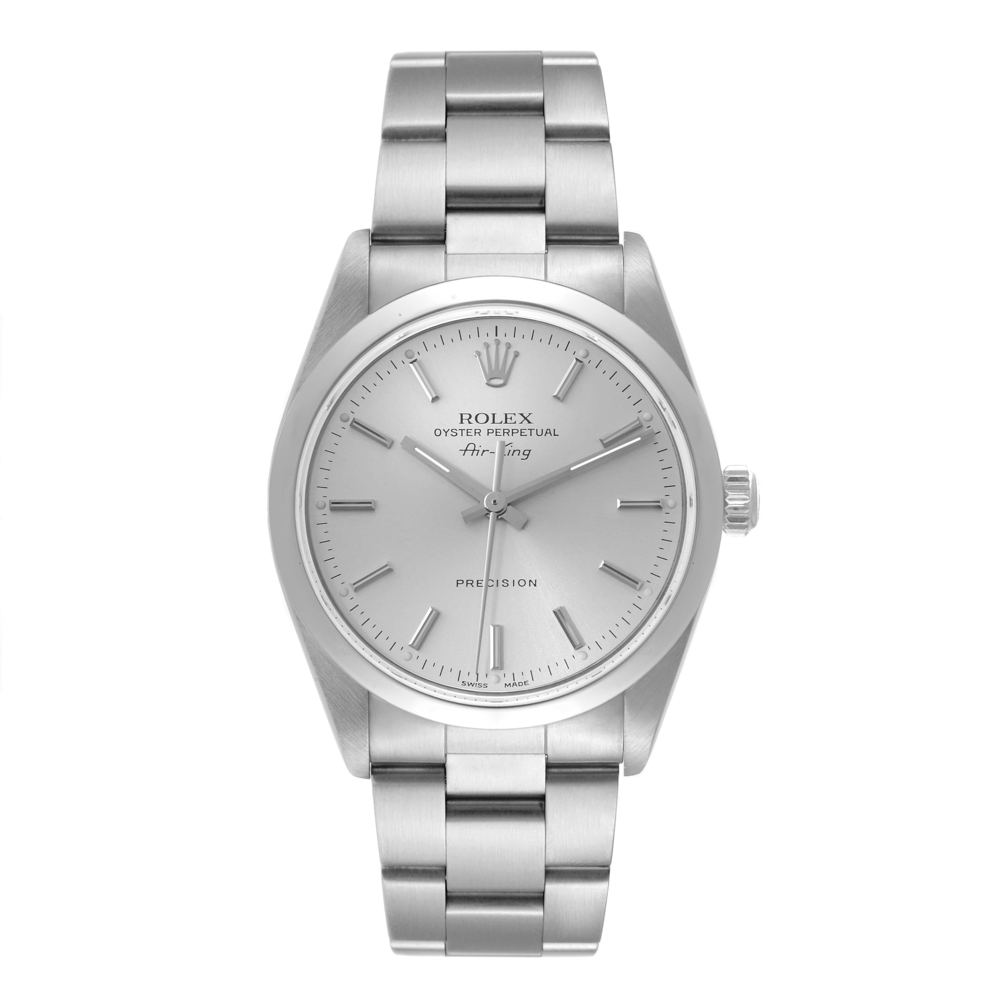 Rolex Air King Silver Dial Smooth Bezel Steel Mens Watch 14000. Automatic self-winding movement. Stainless steel case 34 mm in diameter. Rolex logo on the crown. Stainless steel smooth bezel. Scratch resistant sapphire crystal. Silver dial with