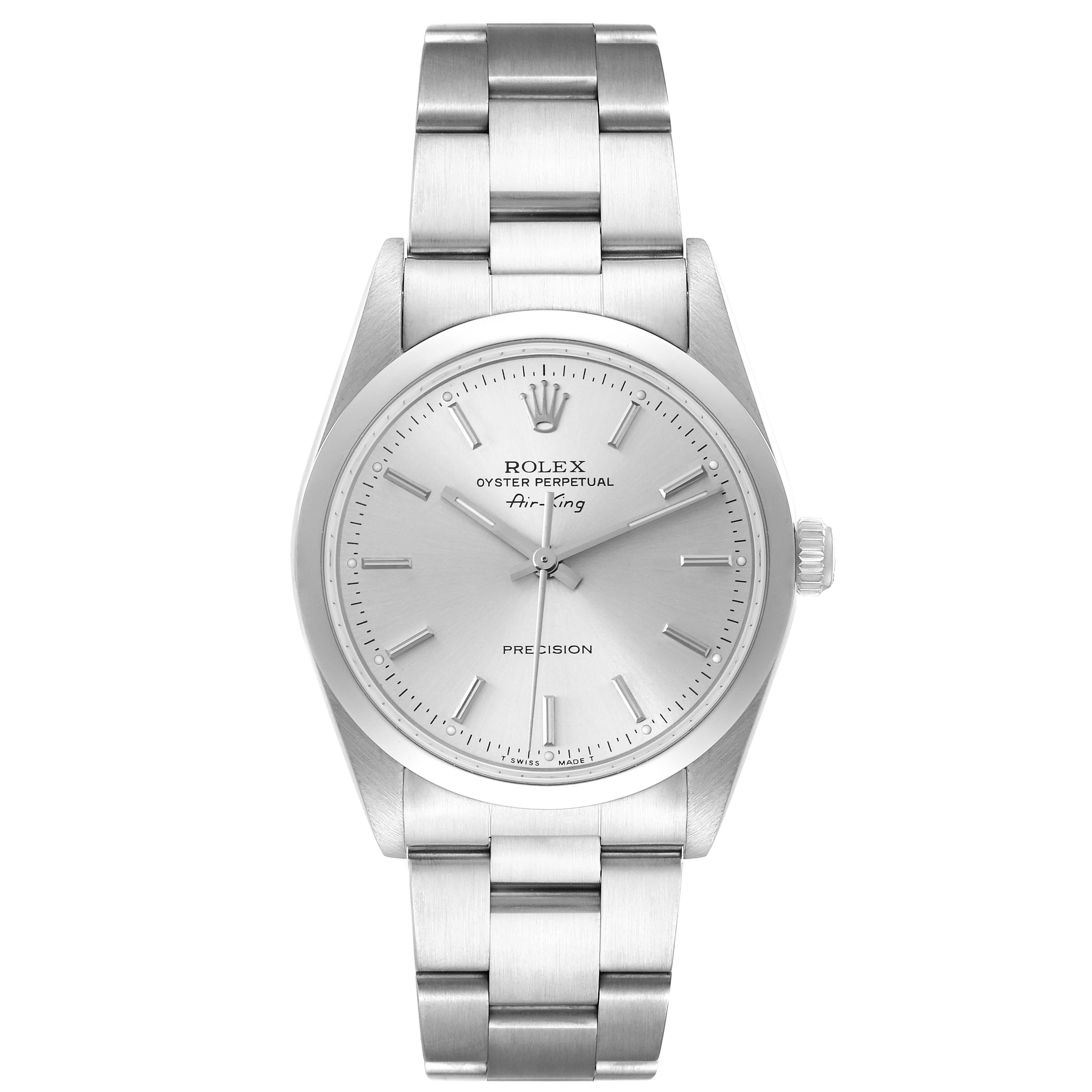 Rolex Air King Silver Dial Smooth Bezel Steel Mens Watch 14000. Automatic self-winding movement. Stainless steel case 34 mm in diameter. Rolex logo on the crown. Stainless steel smooth bezel. Scratch resistant sapphire crystal. Silver dial with