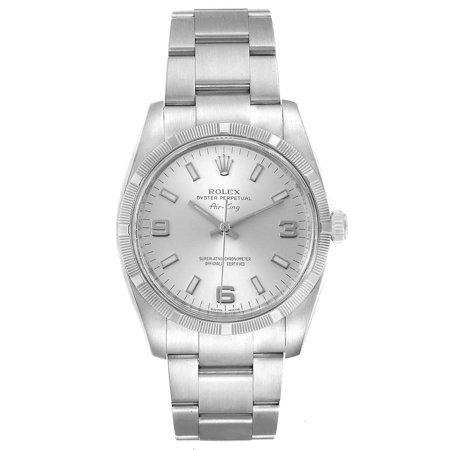 Rolex Air King Silver Dial Steel Mens Watch 114210 Box Card. Officially certified chronometer self-winding movement. Stainless steel case 34.0 mm in diameter. Rolex logo on a crown. Stainless steel fine engine turned bezel. Scratch resistant