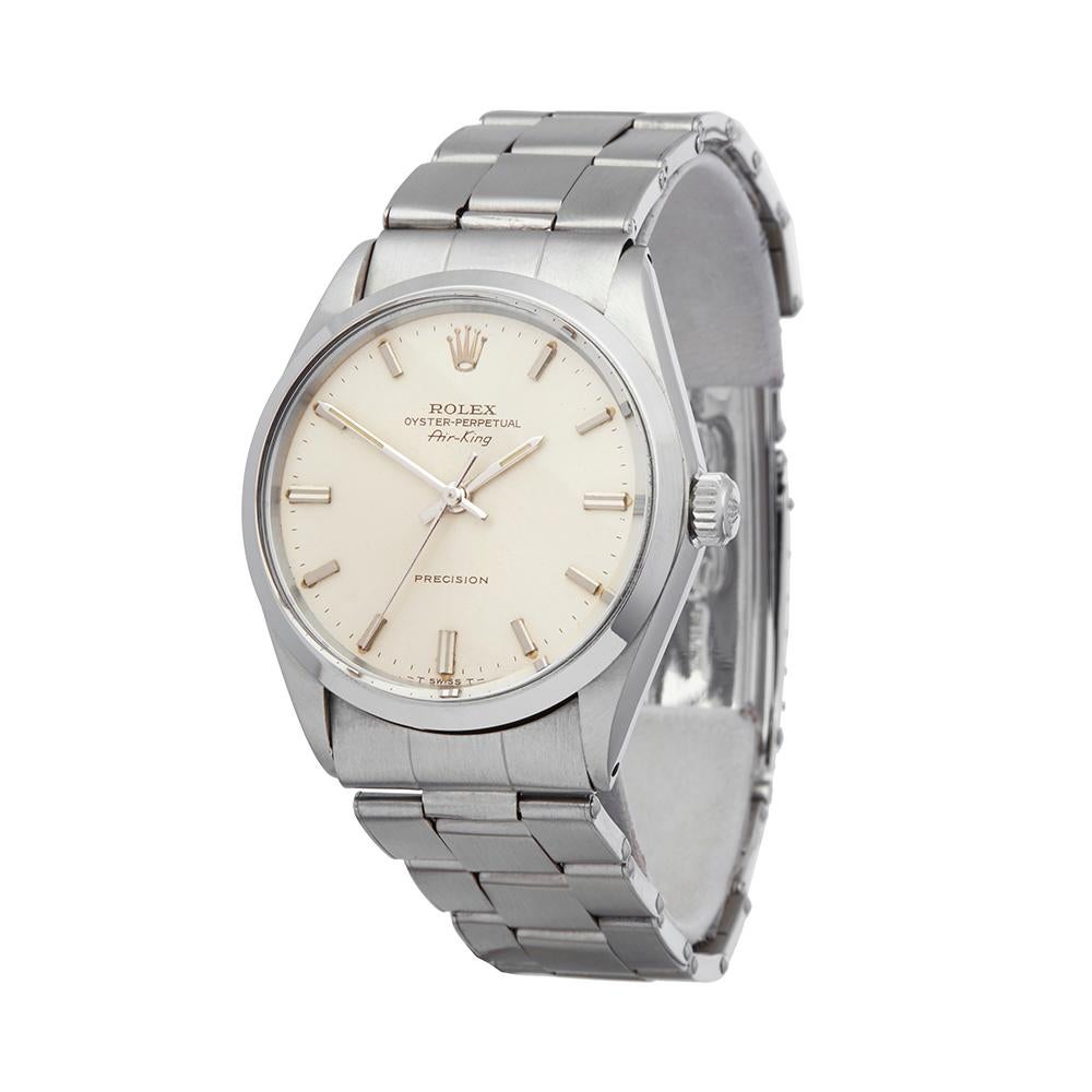 Reference: COM1651
Manufacturer: Rolex
Model: Air King
Model Reference: 5500
Age: Circa 1968
Gender: Men's
Box and Papers: Xupes Presentation Box
Dial: White Baton
Glass: Plexiglass
Movement: Automatic
Water Resistance: Not Recommended for Use in