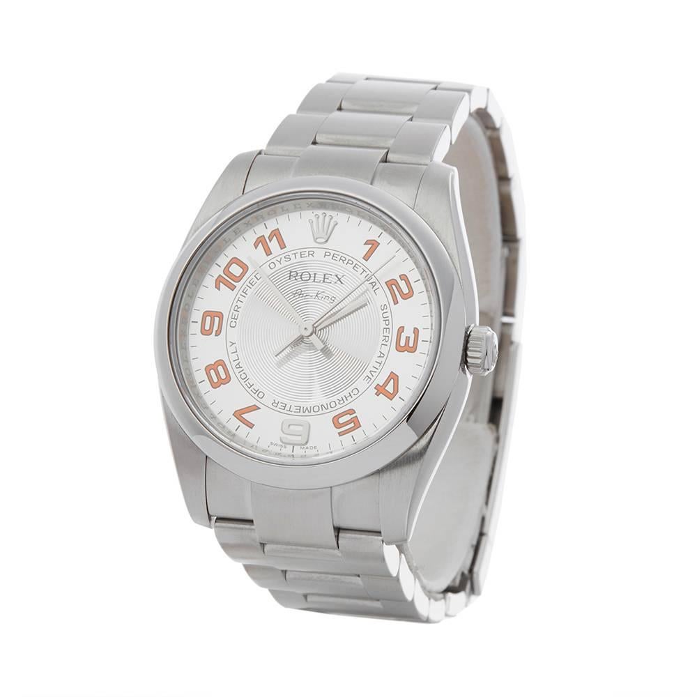 Ref: W4465
Manufacturer: Rolex
Model: Air King
Model Ref: 114200
Age: 8th March 2008
Gender: Unisex
Box and Papers: Box & Guarantee
Dial: Silver Arabic
Glass: Sapphire Crystal
Movement: Automatic
Water Resistance: To Manufacturers