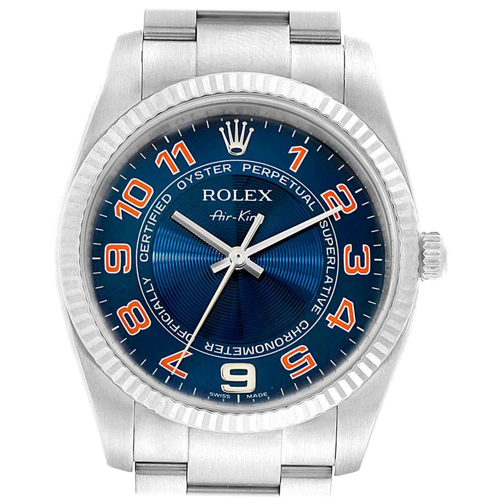 Rolex Air King Steel 18 Karat White Gold Blue Dial Watch 114234 Box For Sale