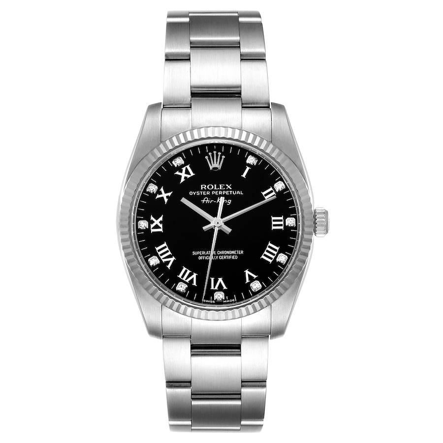 Rolex Air King Steel White Gold Black Diamond Dial Mens Watch 114234. Officially certified chronometer automatic self-winding movement. Stainless steel case 34.0 mm in diameter. Rolex logo on the crown. 18K white gold fluted bezel. Scratch resistant