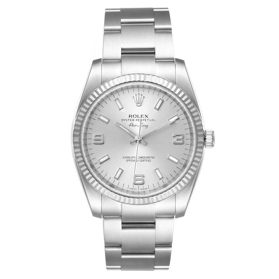 Rolex Air King Steel White Gold Fluted Bezel Mens Watch 114234. Officially certified chronometer self-winding movement. Stainless steel case 34.0 mm in diameter. Rolex logo on a crown. 18K white gold fluted bezel. Scratch resistant sapphire crystal.