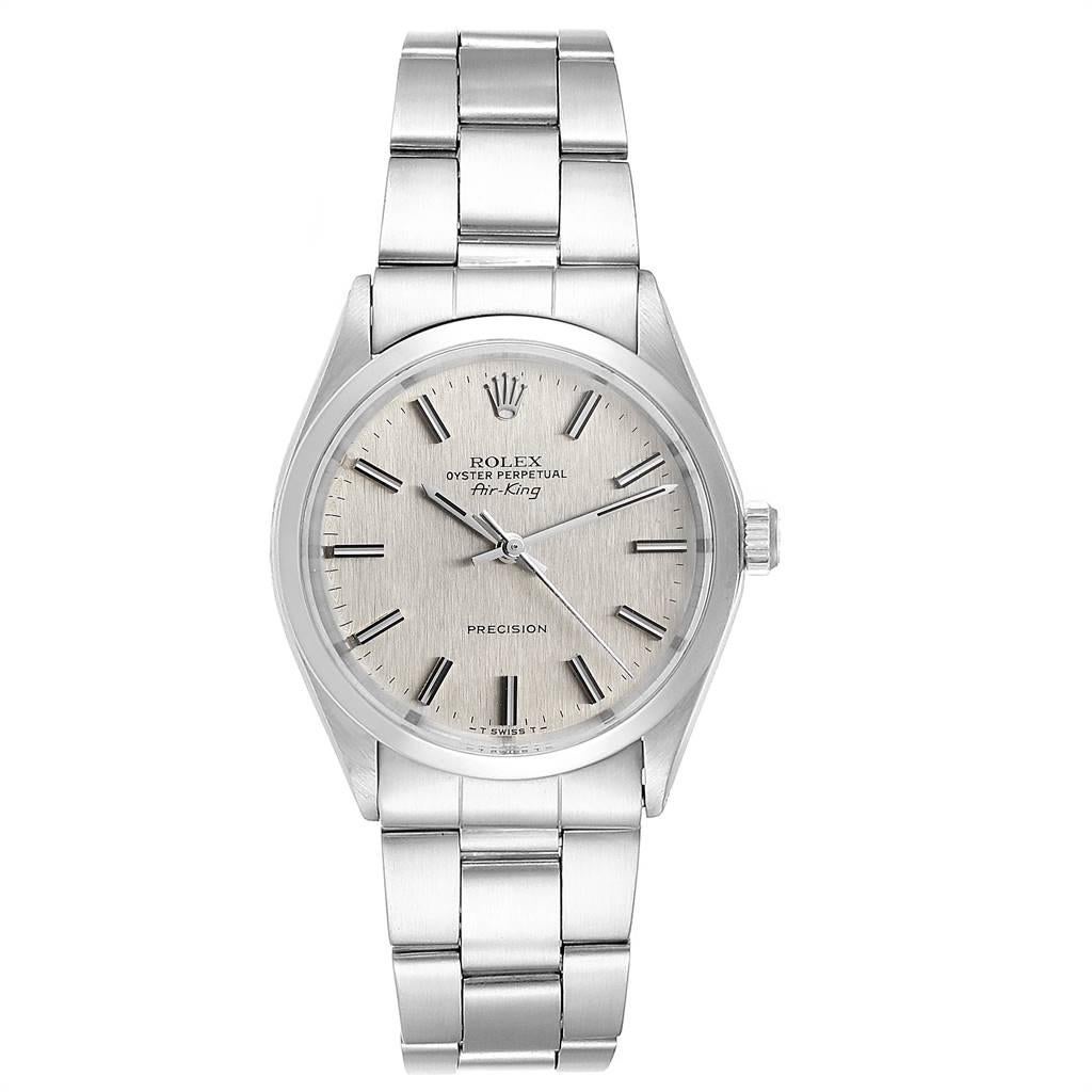 Rolex Air King Vintage Silver Linen Dial Steel Mens Watch 5500. Officially certified chronometer self-winding movement. Silver linen dial with raised baton hour markers. Stainless steel smooth bezel. Scratch resistant sapphire crystal. Silver linen