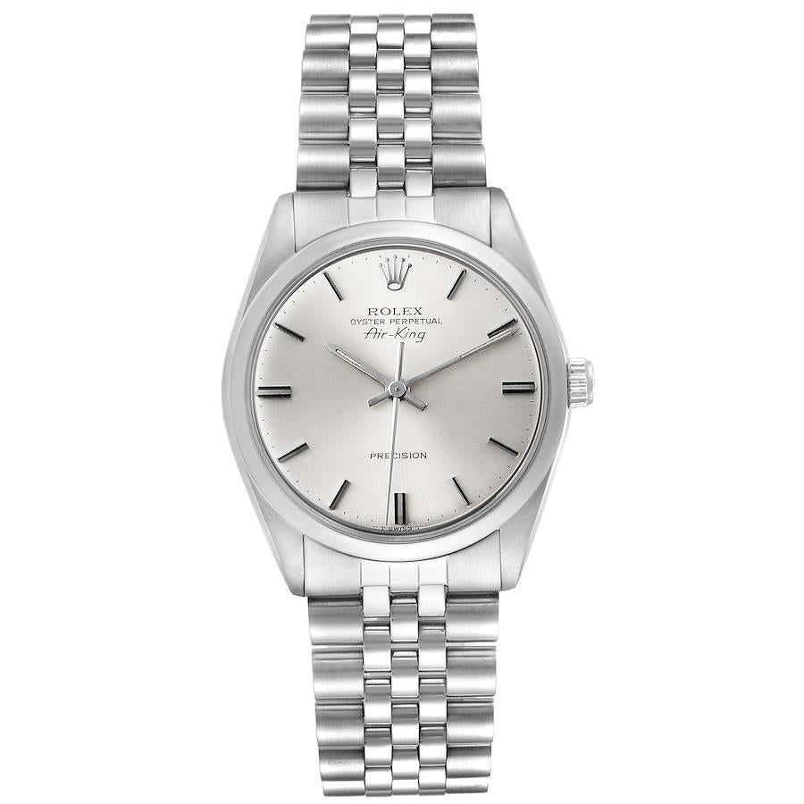 Rolex Air King Vintage Stainless Steel Silver Dial Mens Watch 5500. Officially certified chronometer self-winding movement. Stainless steel case 34.0 mm in diameter. Rolex logo on a crown. Stainless steel smooth bezel. Domed acrylic crystal. Silver