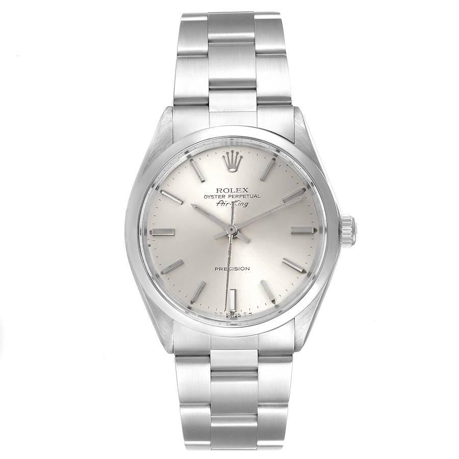 Rolex Air King Vintage Stainless Steel Silver Dial Mens Watch 5500. Officially certified chronometer self-winding movement. Stainless steel case 34.0 mm in diameter.  Rolex logo on a crown. Stainless steel smooth bezel. Domed acrylic crystal. Silver