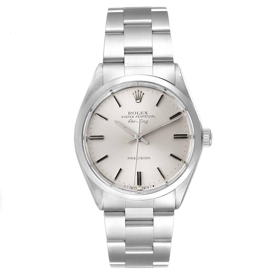 Rolex Air King Vintage Stainless Steel Silver Dial Mens Watch 5500. Officially certified chronometer self-winding movement. Stainless steel case 34.0 mm in diameter.  Rolex logo on a crown. Stainless steel smooth bezel. Domed acrylic crystal. Silver