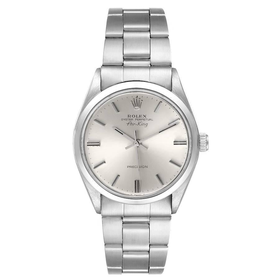 Rolex Air King Vintage Stainless Steel Silver Dial Mens Watch 5500. Officially certified chronometer self-winding movement. Stainless steel case 34.0 mm in diameter.  Rolex logo on a crown. Stainless steel smooth bezel. Domed acrylic crystal. Silver