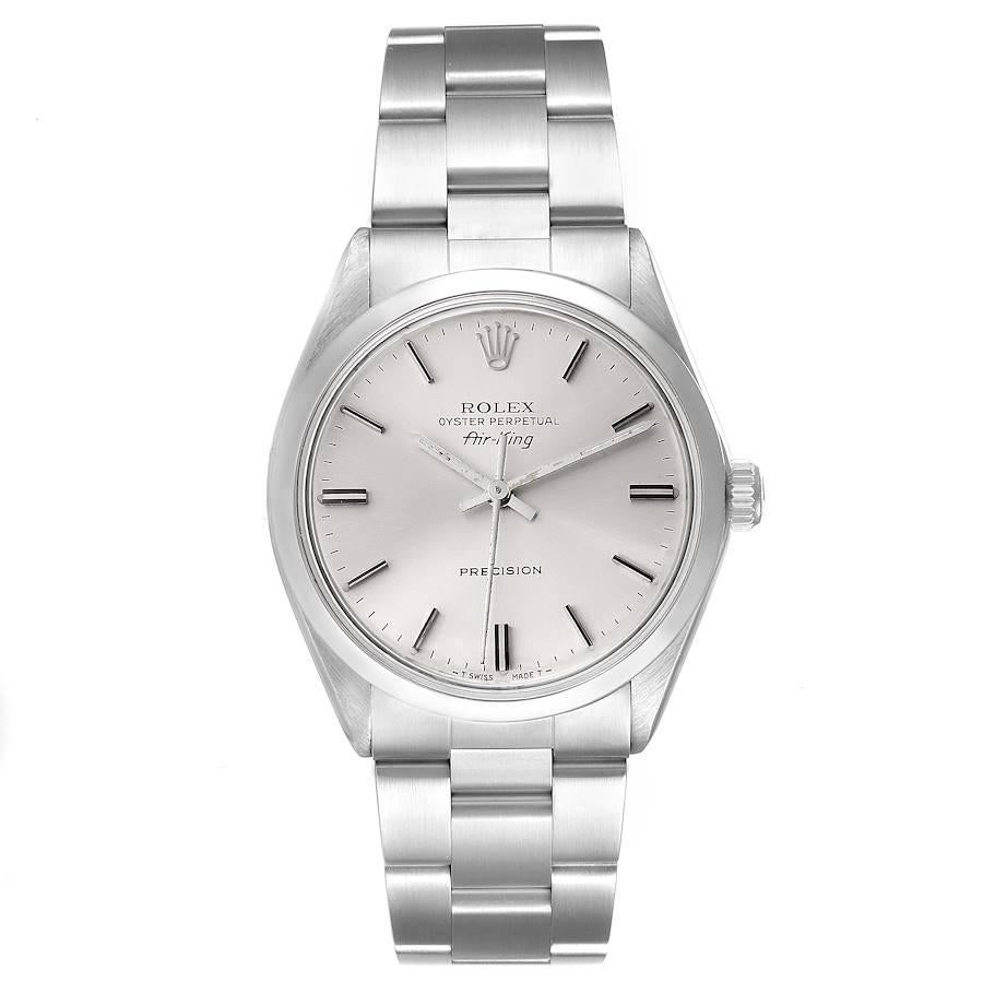Rolex Air King Vintage Stainless Steel Silver Dial Mens Watch 5500. Officially certified chronometer self-winding movement. Stainless steel case 34.0 mm in diameter.  Rolex logo on a crown. Stainless steel smooth bezel. Domed acrylic crystal. Silver