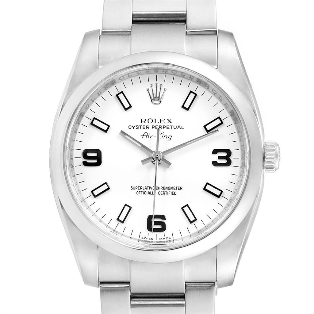 Rolex Air King White Dial Domed Bezel Steel Mens Watch 114200. Officially certified chronometer self-winding movement. Stainless steel case 34.0 mm in diameter.Rolex logo on a crown. Stainless steel smooth domed bezel. Scratch resistant sapphire