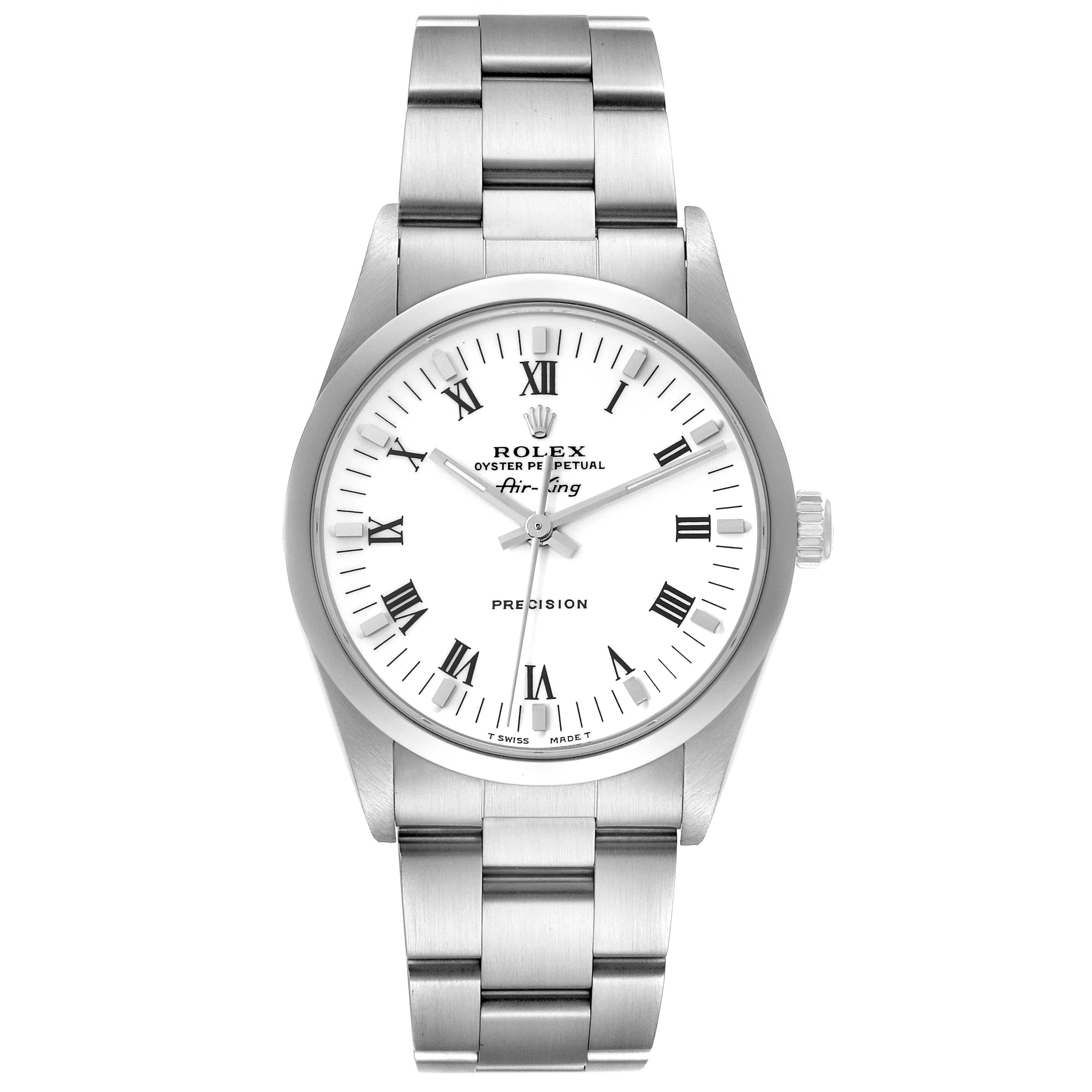 Rolex Air King White Dial Smooth Bezel Steel Mens Watch 14000 Box Papers. Automatic self-winding movement. Stainless steel case 34 mm in diameter. Rolex logo on the crown. Stainless steel smooth bezel. Scratch resistant sapphire crystal. White dial
