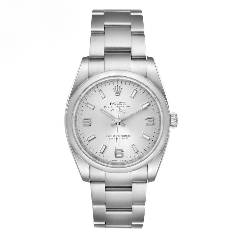 Rolex Airking Oyster Perpetual Silver Dial Steel Mens Watch 114200. Officially certified chronometer self-winding movement. Stainless steel case 34.0 mm in diameter.  Rolex logo on a crown. Stainless steel smooth domed bezel. Scratch resistant