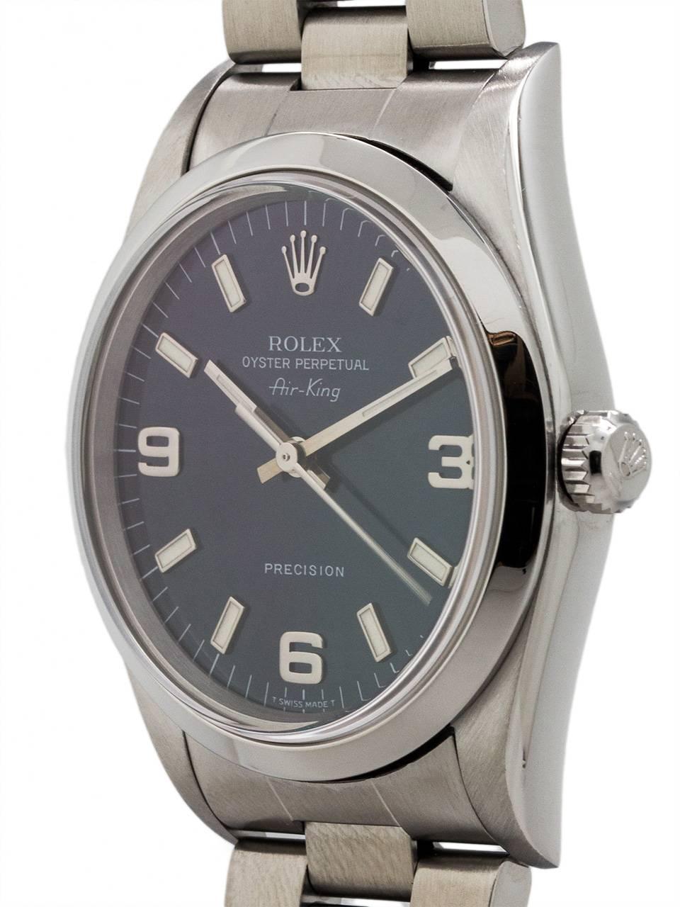 Rolex Stainless Steel Airking Blue Dial Self Winding Wristwatch Ref 14000 In Excellent Condition In West Hollywood, CA