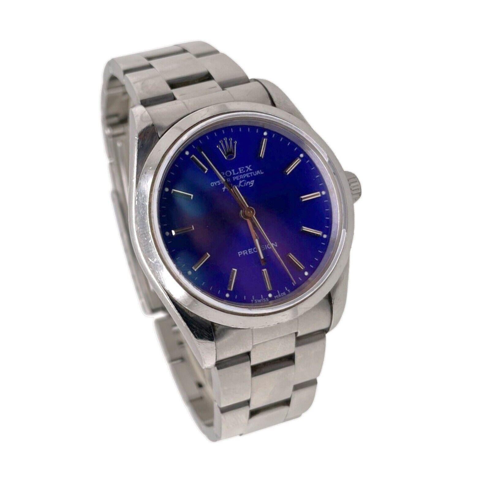 Brand: Rolex 

Model Name: Air-King

Model Number: 14000

Model Year: 1997

Movement: Automatic 

Case Size: 34  mm

Case Material: Stainless Steel 

Total Item Weight(grams): xx g

Dial: Blue

Bracelet: Oyster

Hour Markers: Luminous Stick Hour