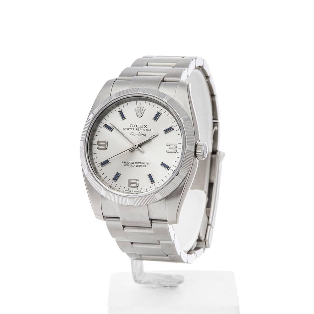 REF: W4456
MANUFACTURE: Rolex
MODEL: Air King
MODEL REF: 114210
AGE: 14th October 2010
GENDER: Unisex
BOX & PAPERS: Box & Guarantee
DIAL: Silver Baton
GLASS: Sapphire Crystal
MOVEMENT: Automatic
WATER RESISTANCY: To Manufacturers