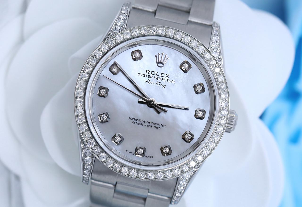 Rolex Air King Cadran en nacre blanche Lunette et cornes à diamants Montre pour dames en acier 14000

