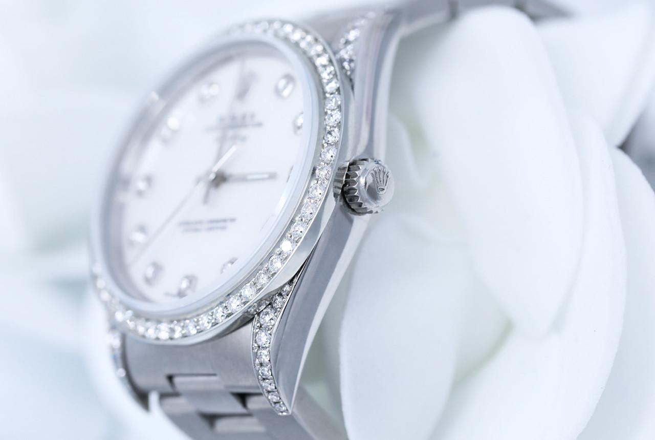 Rolex Airking Weiß Perlmutt Zifferblatt Diamant Lünette & Gepäck Damen Stahluhr im Angebot 1