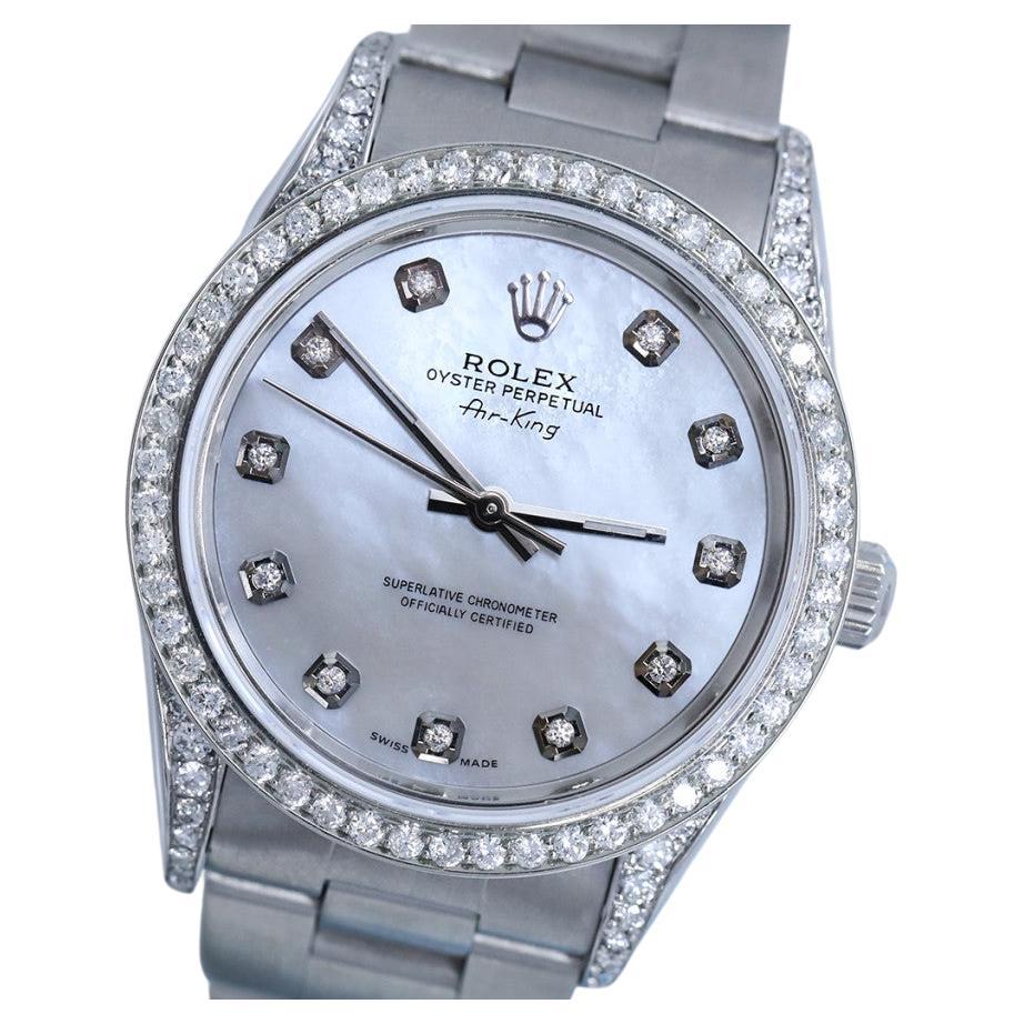 Rolex Montre Airking pour femmes avec cadran en nacre blanche, lunette diamantée et cornes en vente