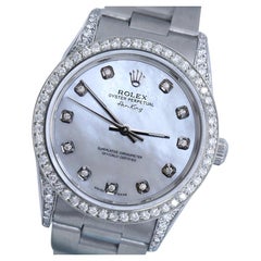 Rolex Airking White Mother of Pearl Dial Diamond Bezel & Lugs Ladies Steel Watch