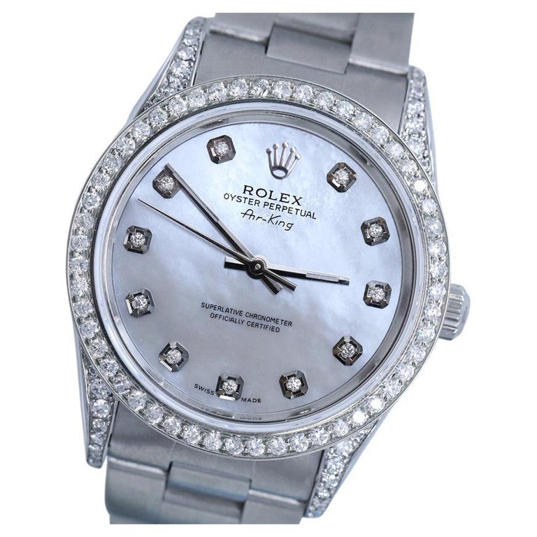 Rolex Montre Airking pour femmes avec cadran en nacre blanche, lunette  diamantée et cornes En vente sur 1stDibs | montre rolex femme
