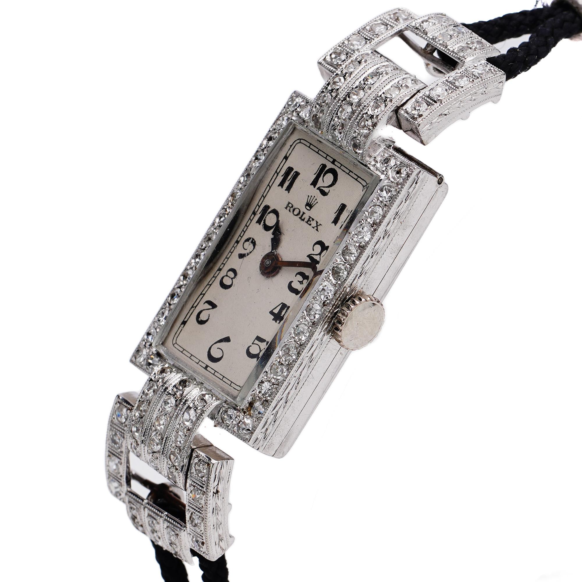 Men's Rolex Art Deco 18kt, White Gold Ladies Wristwatch with Diamonds