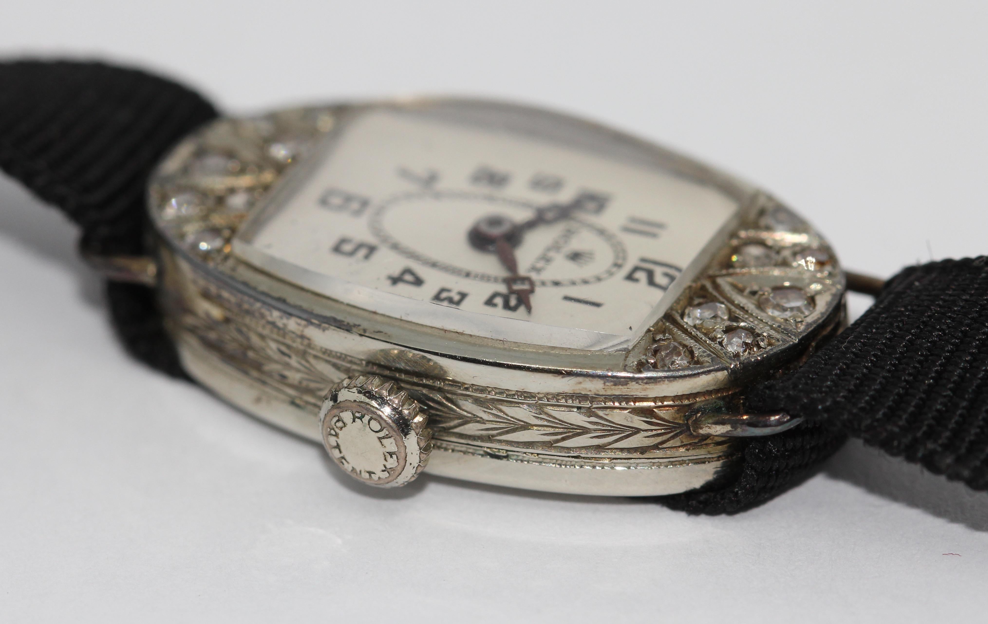 Women's Rolex, Art Deco Ladies Wristwatch, 18 Karat White Gold with Diamonds