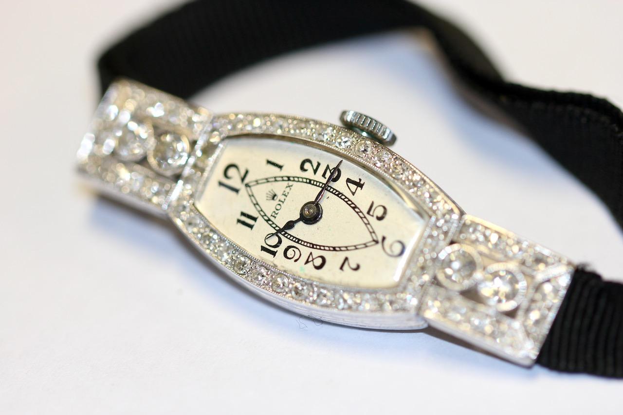 Rolex Art Deco Ladies Wristwatch, 18 Karat White Gold and Diamonds For Sale 2