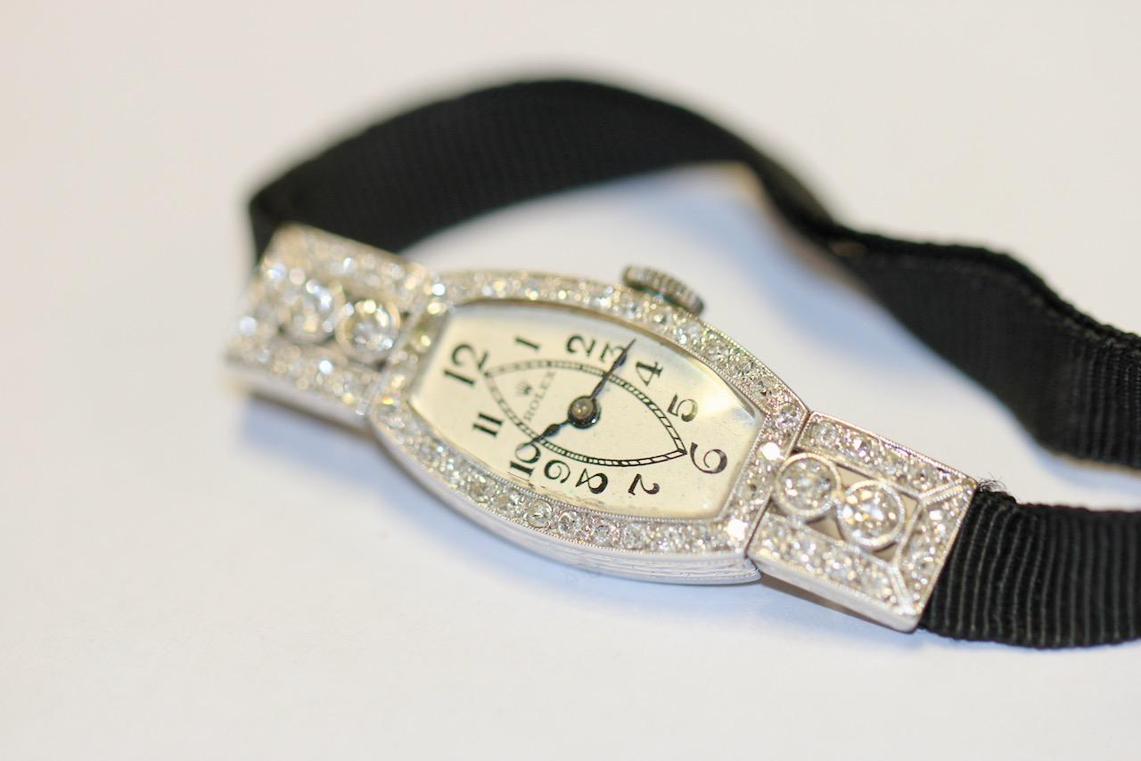 Rolex Art Deco Ladies Wristwatch, 18 Karat White Gold and Diamonds For Sale 4