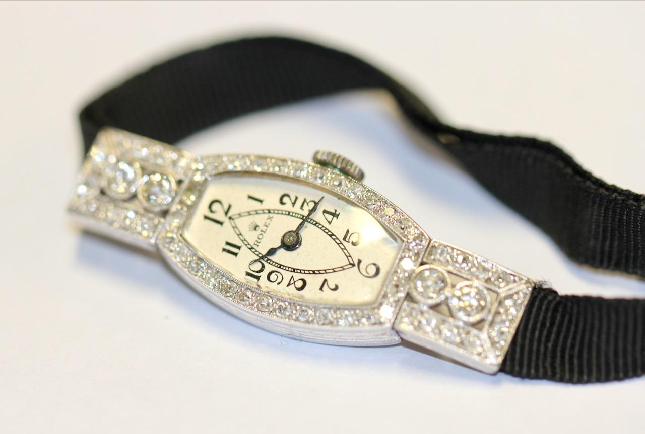 Rolex Art Deco Ladies Wristwatch, 18 Karat White Gold and Diamonds For Sale 5