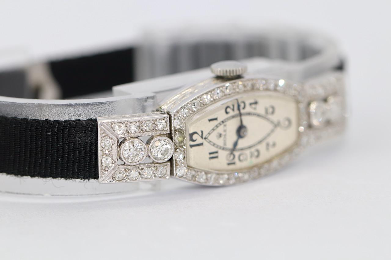 Round Cut Rolex Art Deco Ladies Wristwatch, 18 Karat White Gold and Diamonds For Sale