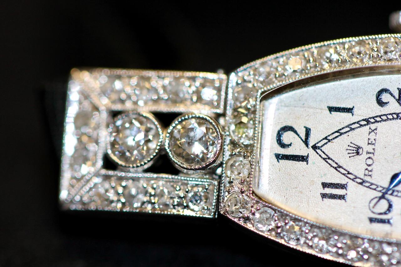 Rolex Art Deco Ladies Wristwatch, 18 Karat White Gold and Diamonds For Sale 1