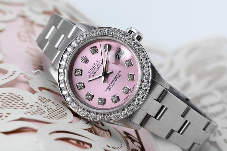 Montre Rolex Baby Datejust rose clair mat avec bracelet huîtres et lunette  en diamants En vente sur 1stDibs | rolex date just rose
