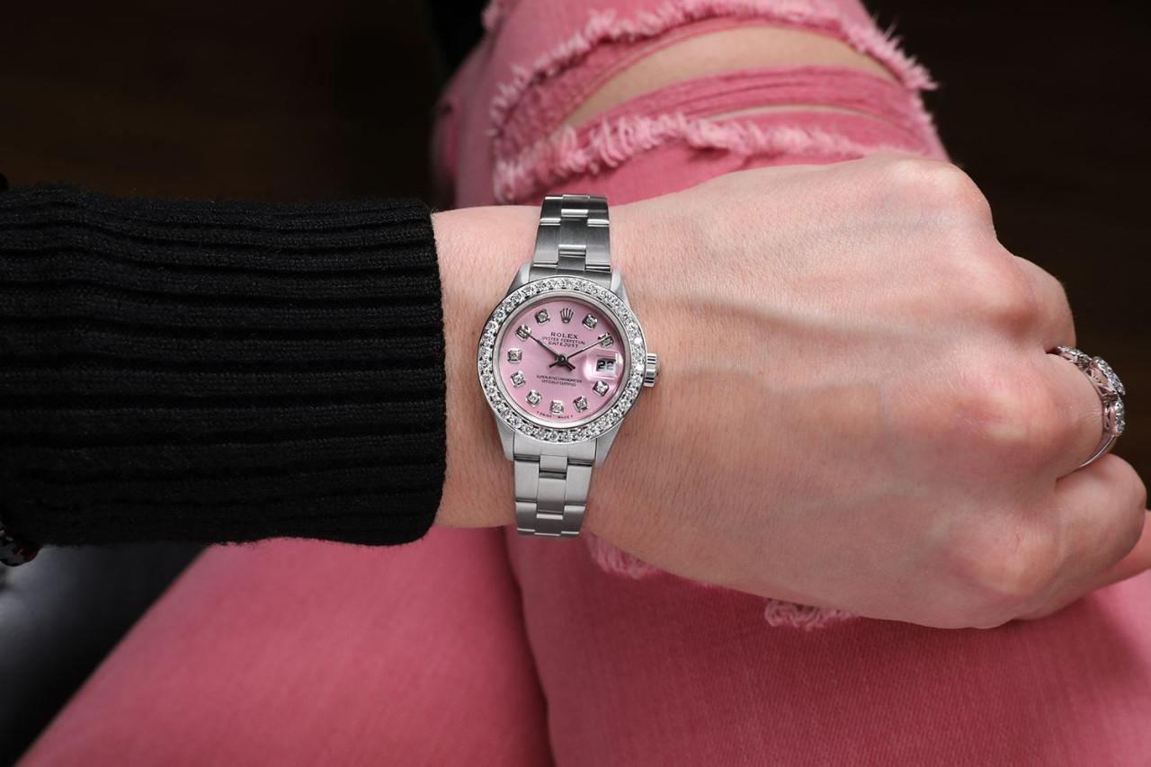Round Cut Rolex Baby Light Matte Pink Datejust SS Oyster Bracelet Diamond Bezel Watch For Sale