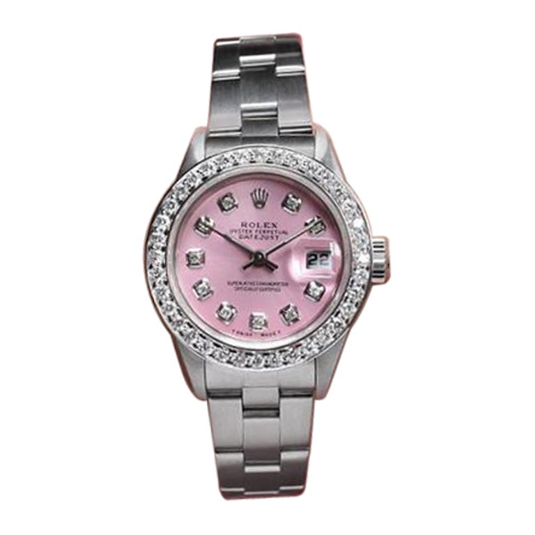 Rolex Baby Light Matte Pink Datejust SS Oyster Bracelet Diamond Bezel Watch