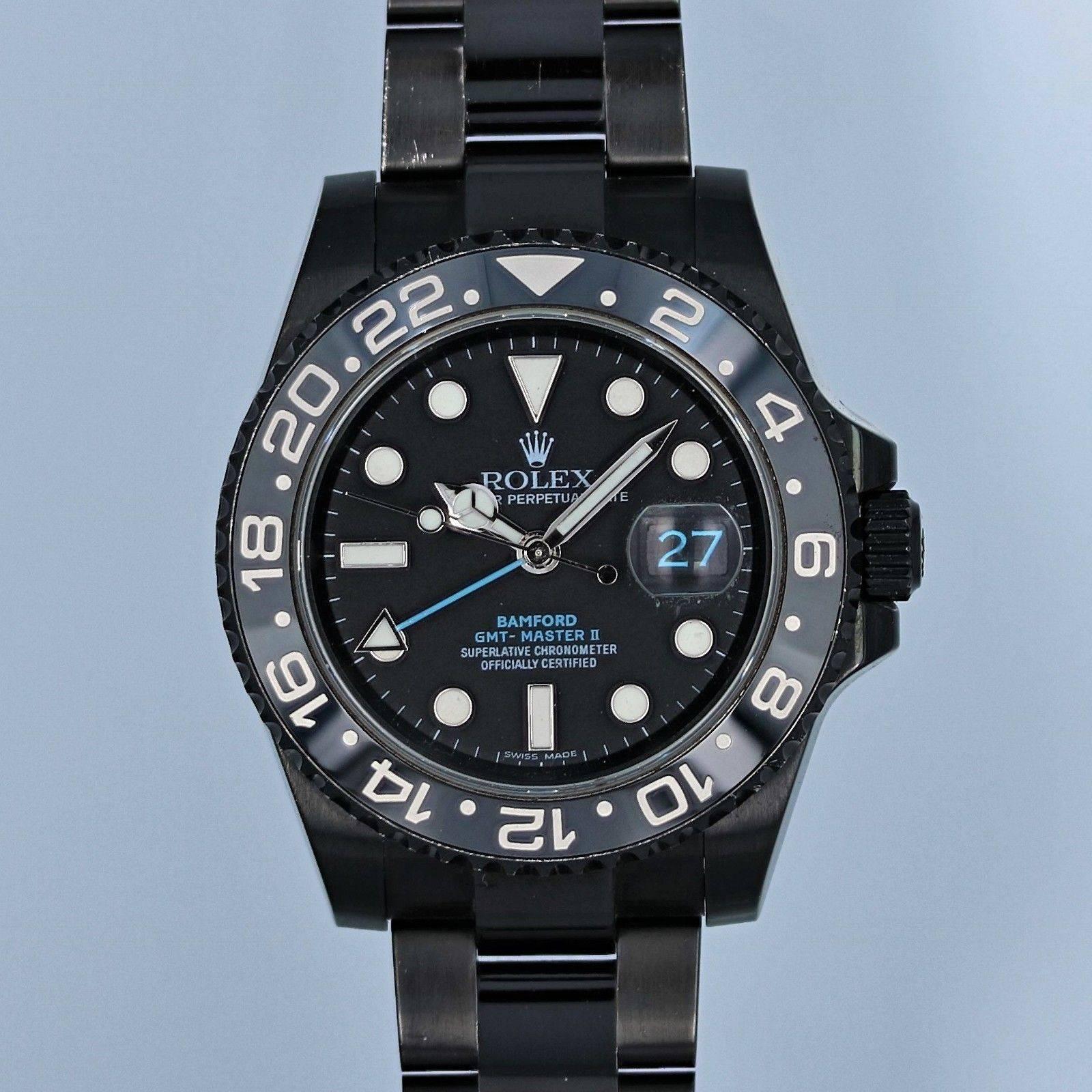 Brand Name  Rolex 
Style Number  116710 
Series  Bamford GMT Master II 
Gender  Men's 
Case Material  DLC/PVD Coated Stainless Steel 
Dial Color  Black w/ Blue Accents 
Movement  Automatic 
Engine  Cal. 3185 
Functions  Hours, Minutes, Seconds,