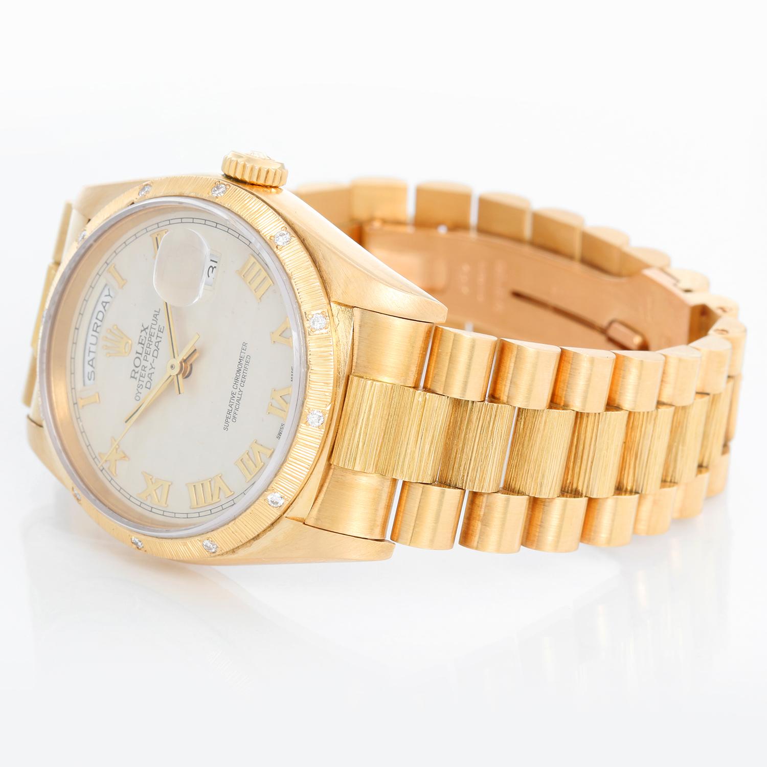 Rolex Bark President Day-Date Men's 18k Gold Watch 18248 - Automatic winding; Double quick-set; sapphire crystal. 18k yellow gold case with original barked bezel with diamonds added later (36 mm ) Can switch to plain bezel if desired. Cream Roman