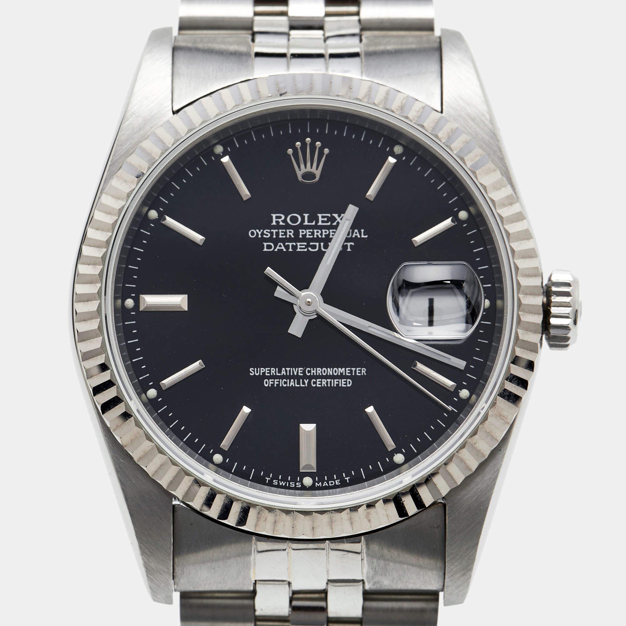 Rolex Black 18K White Gold & Stainless Steel Datejust 16234 Men's Wristwatch 36  In Fair Condition For Sale In Dubai, Al Qouz 2