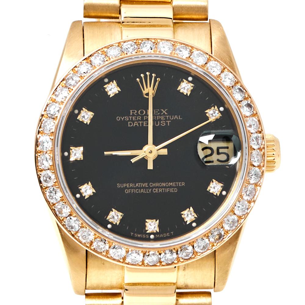 Uncut Rolex Black 18K Yellow Gold Diamond Datejust 68278 Women's Wristwatch 31 mm