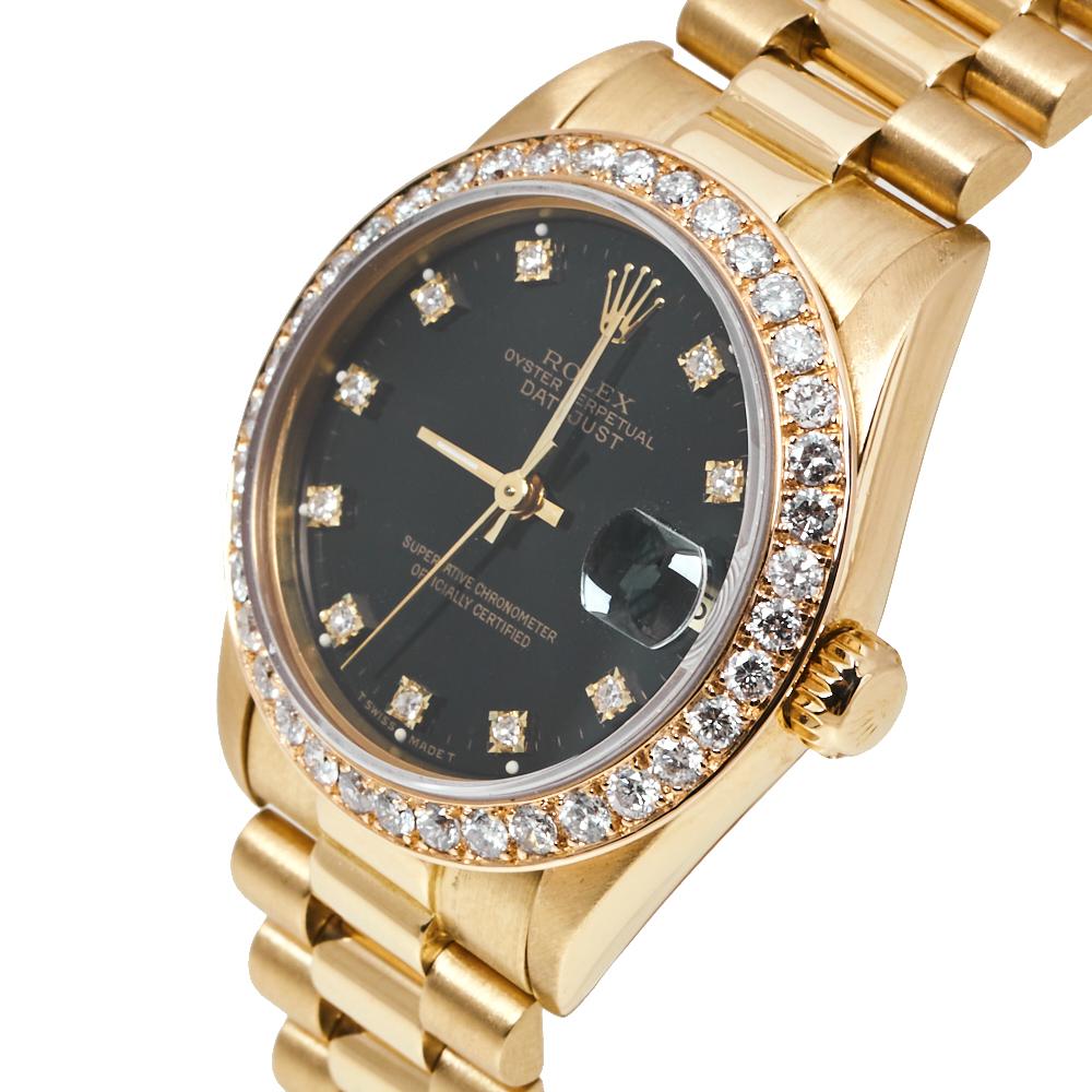 Rolex Black 18K Yellow Gold Diamond Datejust 68278 Women's Wristwatch 31 mm In Good Condition In Dubai, Al Qouz 2