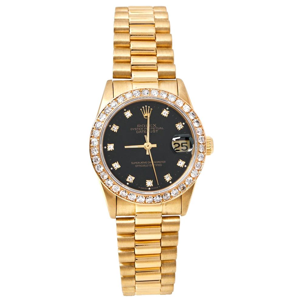 Rolex Black 18K Yellow Gold Diamond Datejust 68278 Women's Wristwatch 31 mm