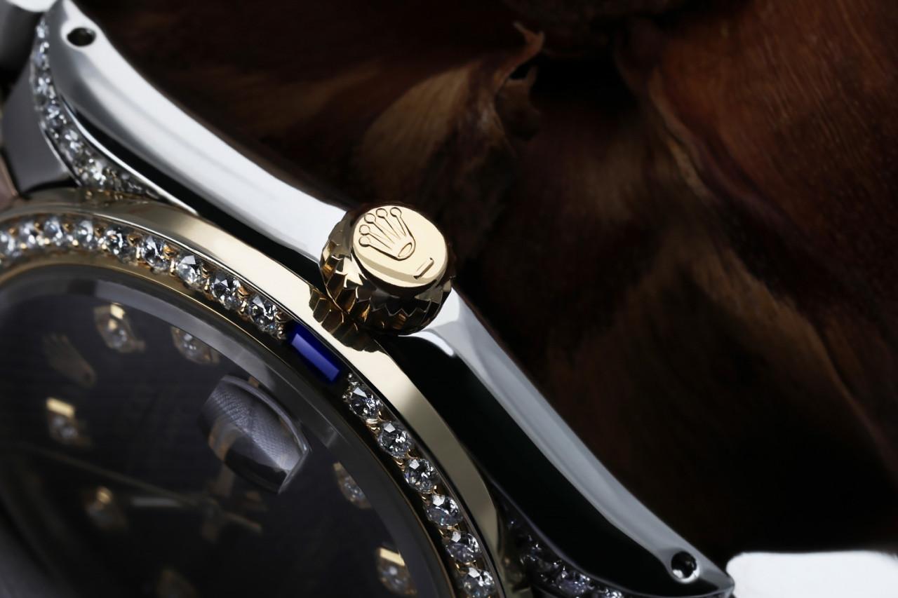 Rolex Black 36mm Datejust Tow Tone Diamond lugs + Sapphire Bezel 16013

