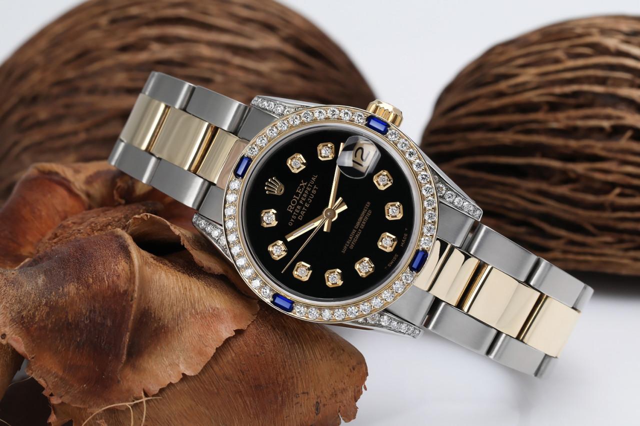 Round Cut Rolex Black Datejust Tow Tone Diamond lugs + Sapphire Bezel 16013 For Sale