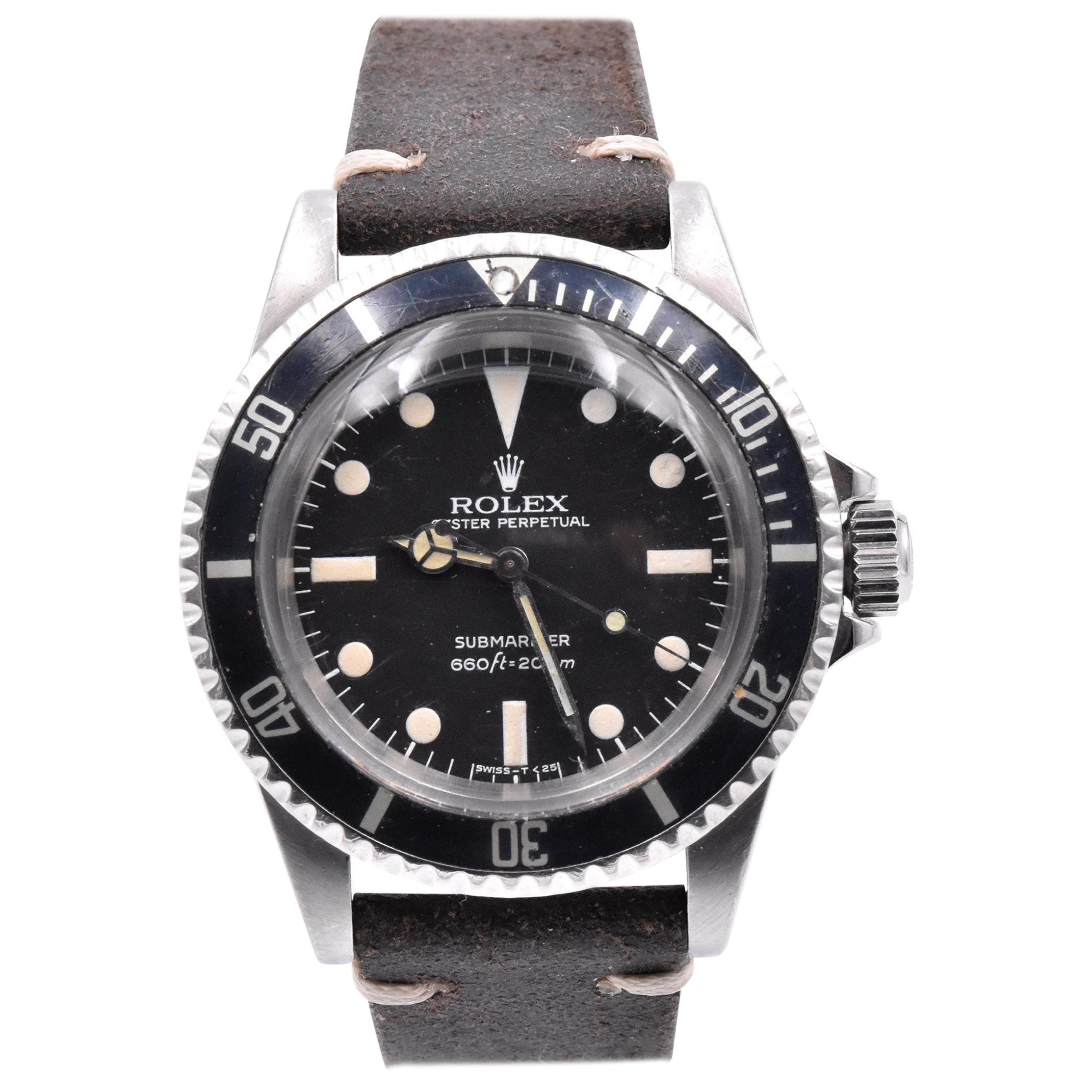 Rolex Black/Black Vintage Submariner Ref.#5513 on Brown Leather Strap