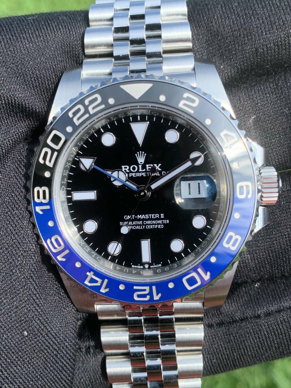 Brand - Rolex 
Model - GMT-Master II 
Ref Number - 126710BLNR “Batgirl”
Dial - Black 
Bezel - Black and Blue Ceramic 
Movement - Automatic 
Includes - Watch and Card 